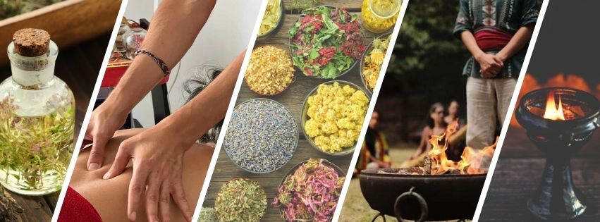 Un massaggio rilassante in corso con oli essenziali, una boccetta di olio aromaterapico e una selezione di erbe fresche. In primo piano, elementi tradizionali di una cerimonia maya, che rappresentano la connessione tra benessere fisico e pratiche ancestrali di guarigione.